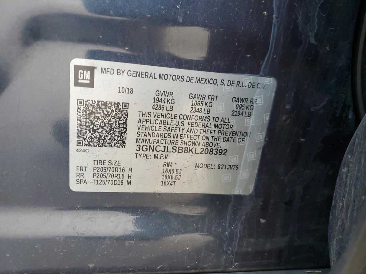 2019 Chevrolet Trax 1Lt VIN: 3GNCJLSB8KL208392 Lot: 88898655