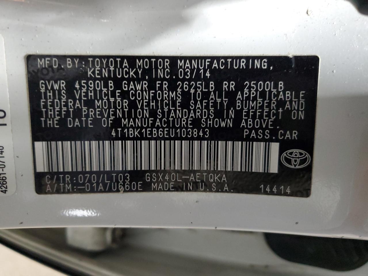 VIN 4T1BK1EB6EU103843 2014 TOYOTA AVALON no.12