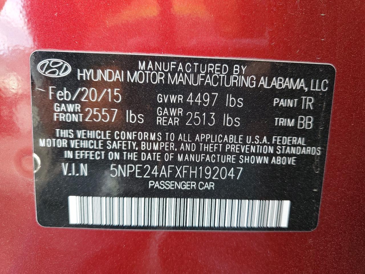 VIN 5NPE24AFXFH192047 2015 HYUNDAI SONATA no.12