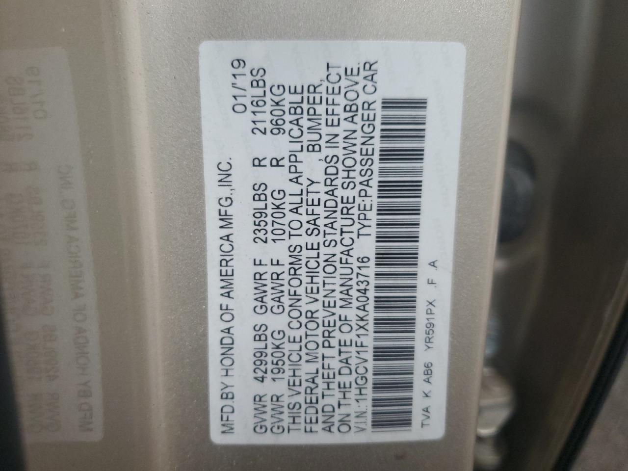 2019 Honda Accord Lx VIN: 1HGCV1F1XKA043716 Lot: 42397645