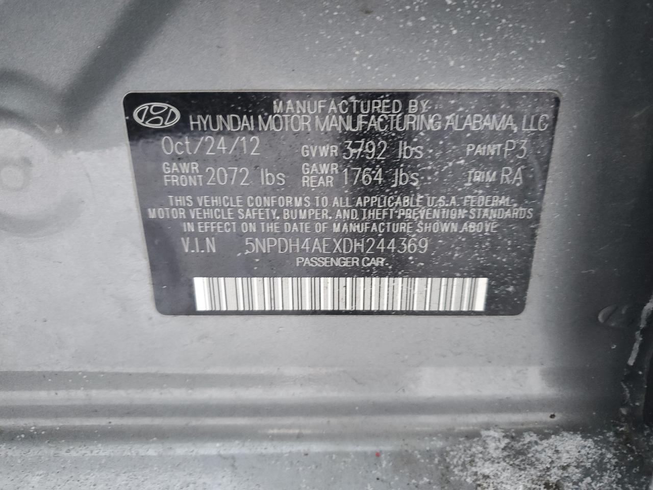 2013 Hyundai Elantra Gls VIN: 5NPDH4AEXDH244369 Lot: 88882835