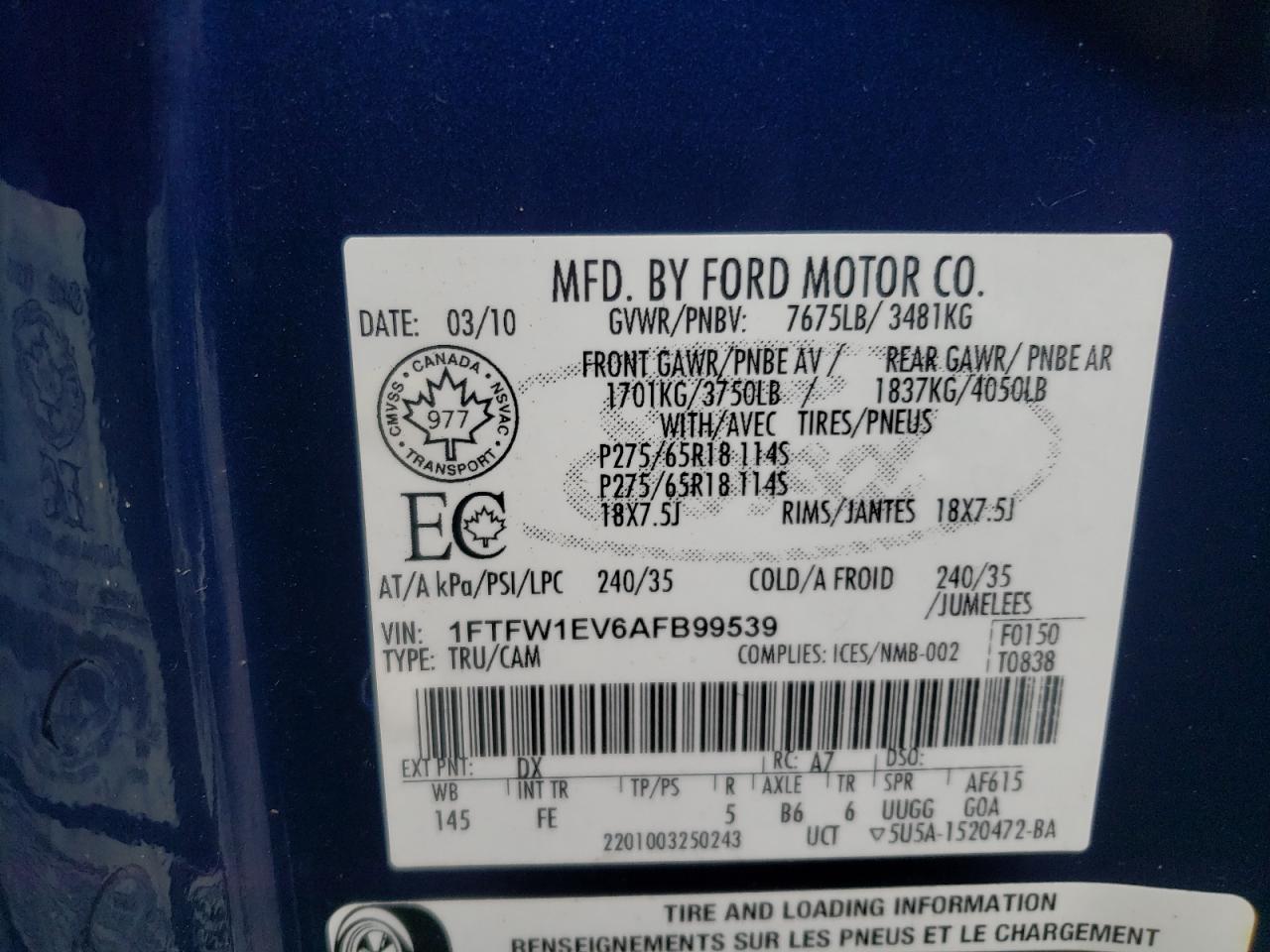 2010 Ford F150 Supercrew VIN: 1FTFW1EV6AFB99539 Lot: 87404294