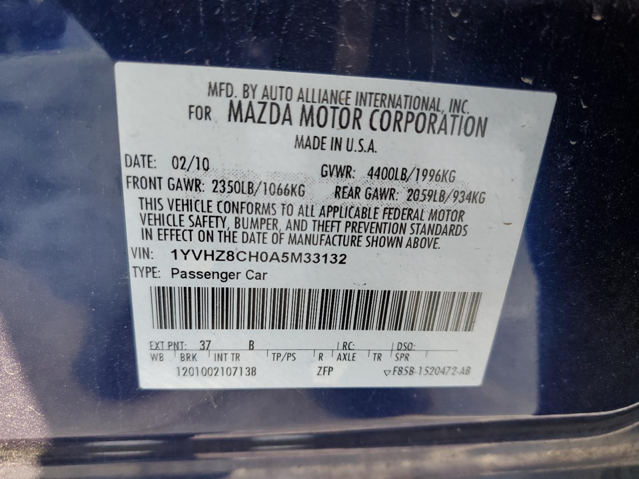 2010 Mazda 6 I VIN: 1YVHZ8CH0A5M33132 Lot: 43272345