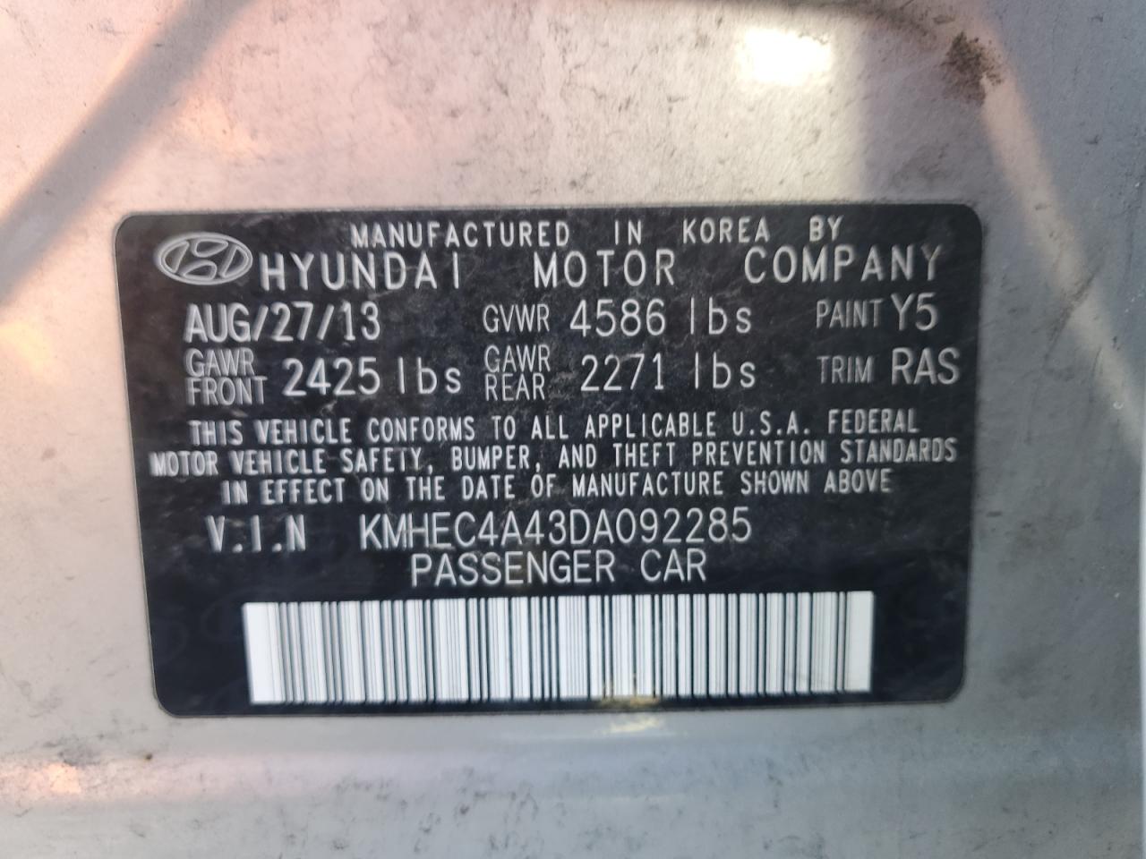 2013 Hyundai Sonata Hybrid VIN: KMHEC4A43DA092285 Lot: 87898135