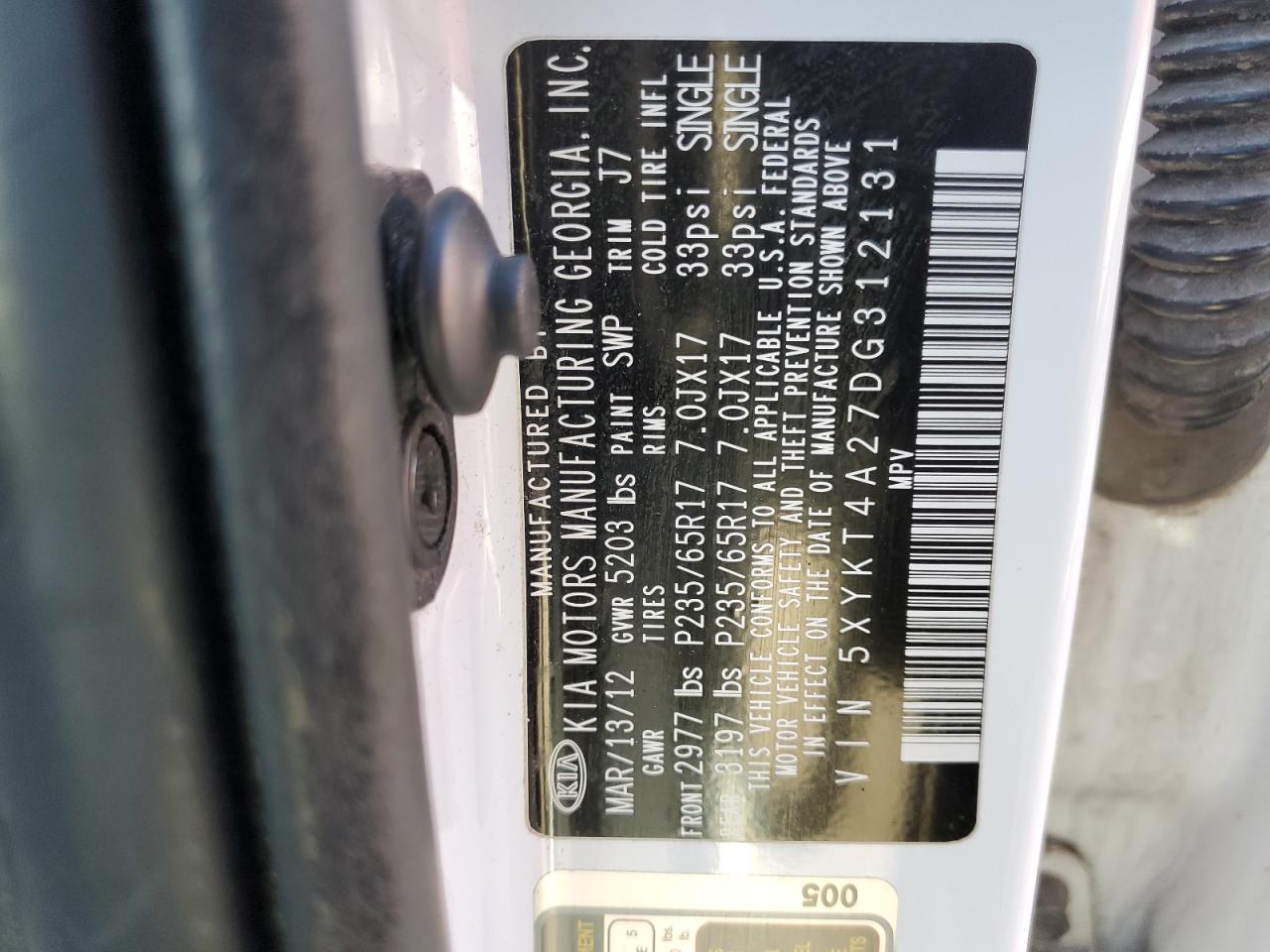 2013 Kia Sorento Lx VIN: 5XYKT4A27DG312131 Lot: 87485204