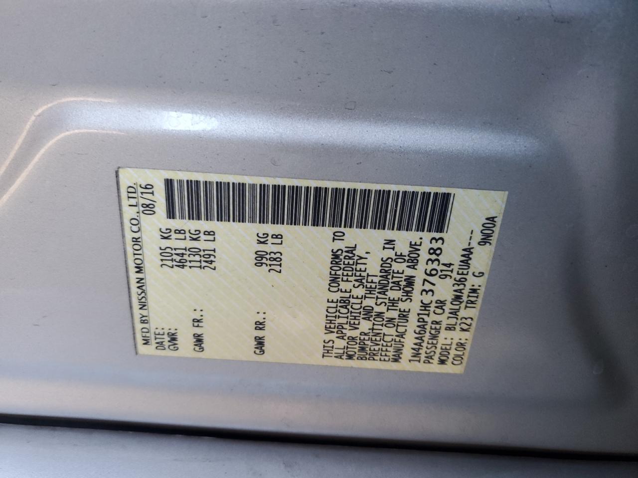 1N4AA6AP1HC376383 NISSAN MAXIMA 2017