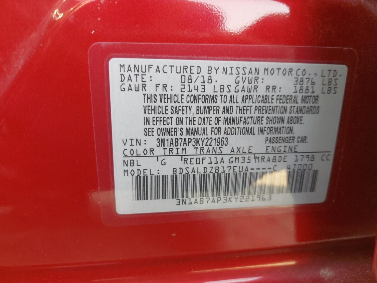 3N1AB7AP3KY221963 - 2019 NISSAN SENTRA - #87774935