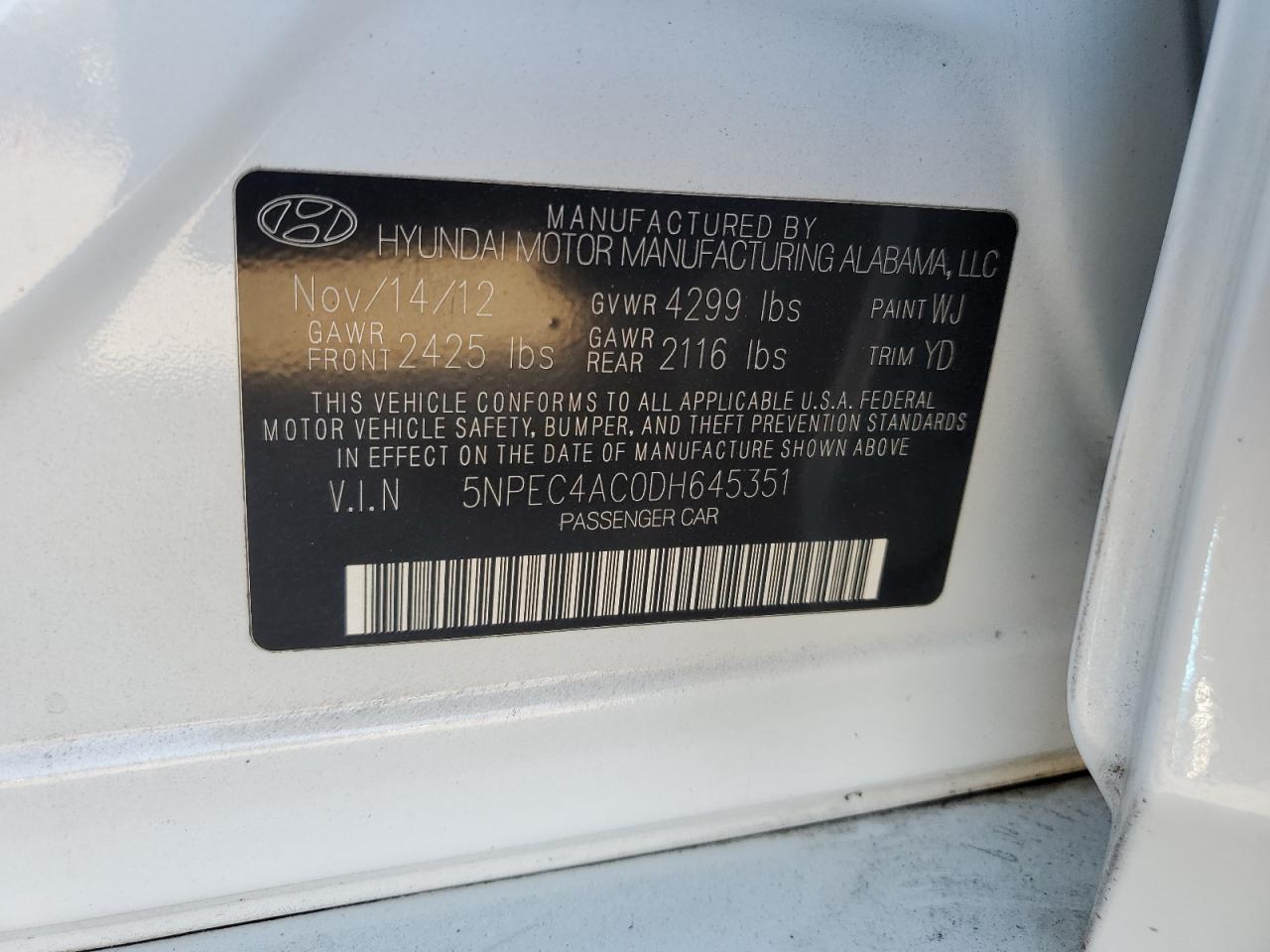 VIN 5NPEC4AC0DH645351 2013 HYUNDAI SONATA no.13