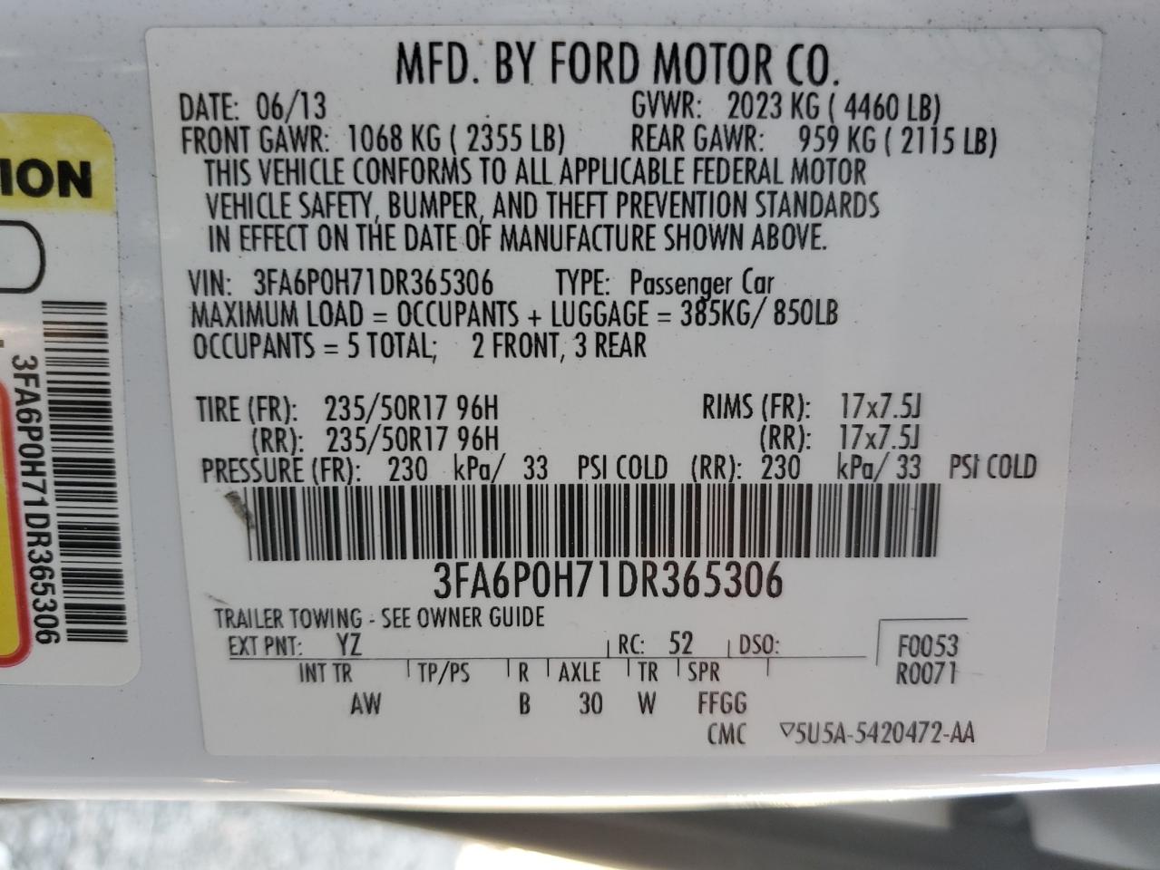 VIN 3FA6P0H71DR365306 2013 FORD FUSION no.12