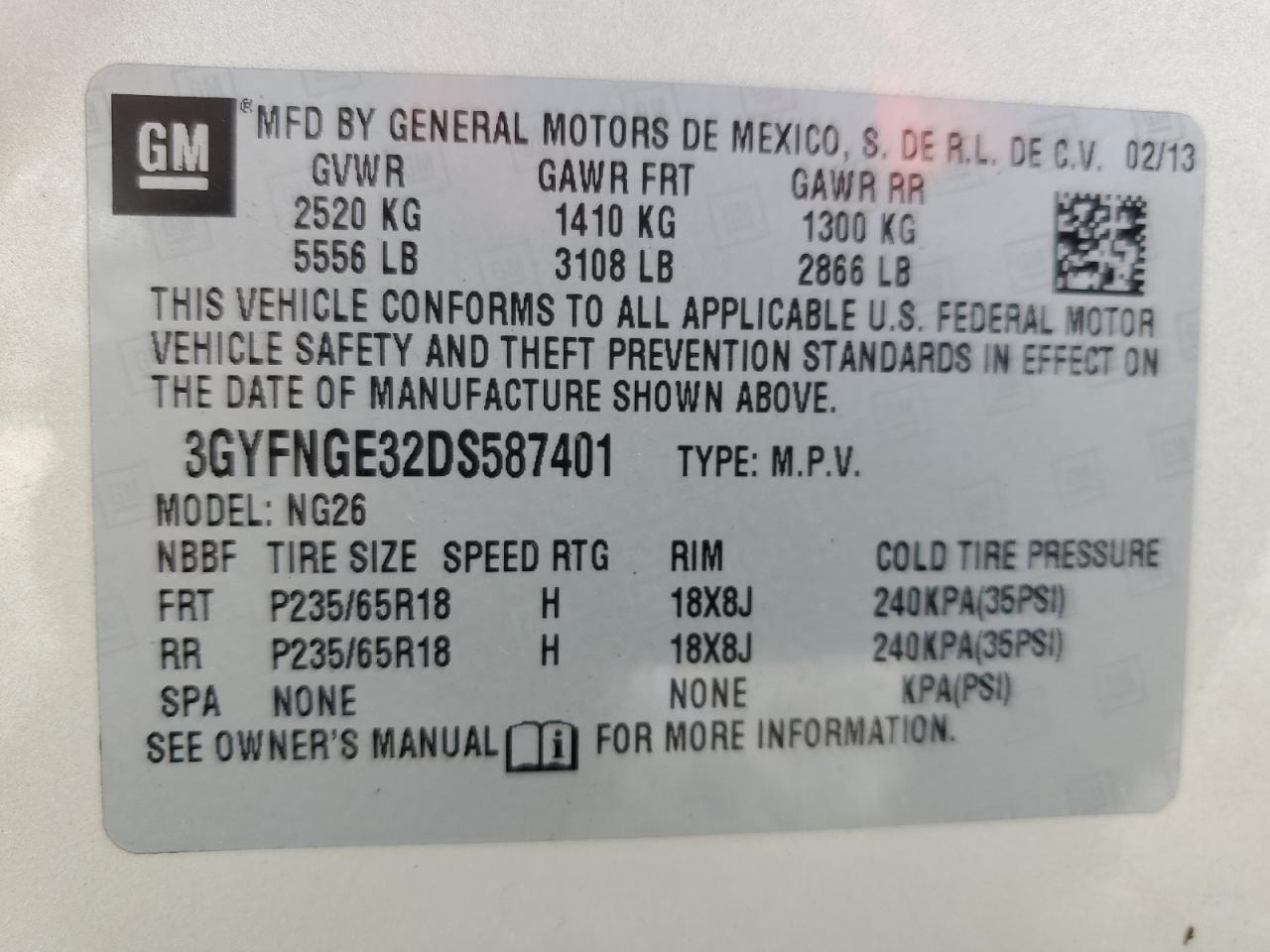 VIN 3GYFNGE32DS587401 2013 CADILLAC SRX no.13