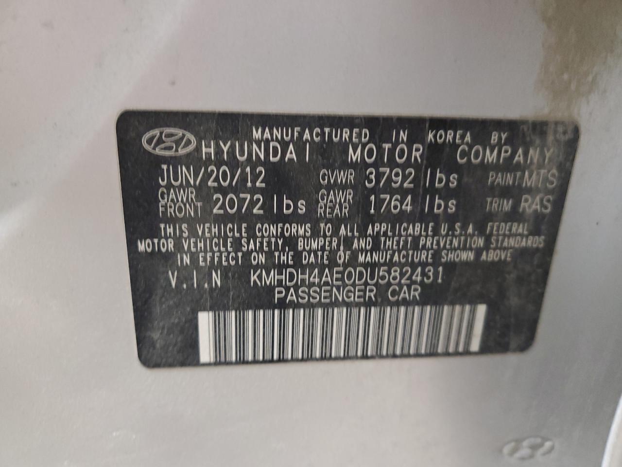 VIN KMHDH4AE0DU582431 2013 HYUNDAI ELANTRA no.12