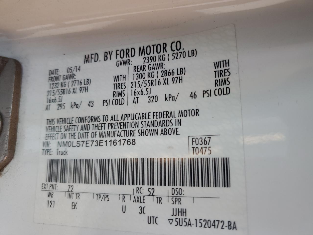 2014 Ford Transit Connect Xl VIN: NM0LS7E73E1161768 Lot: 46379095