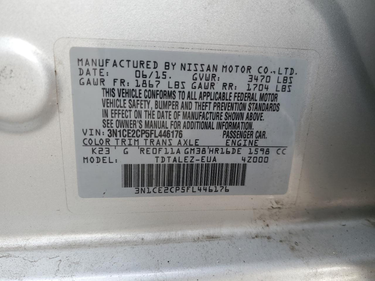 VIN 3N1CE2CP5FL446176 2015 NISSAN VERSA no.12