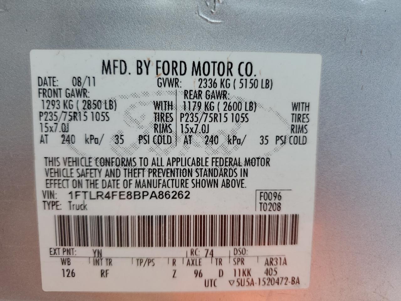 2011 Ford Ranger Super Cab VIN: 1FTLR4FE8BPA86262 Lot: 88100345