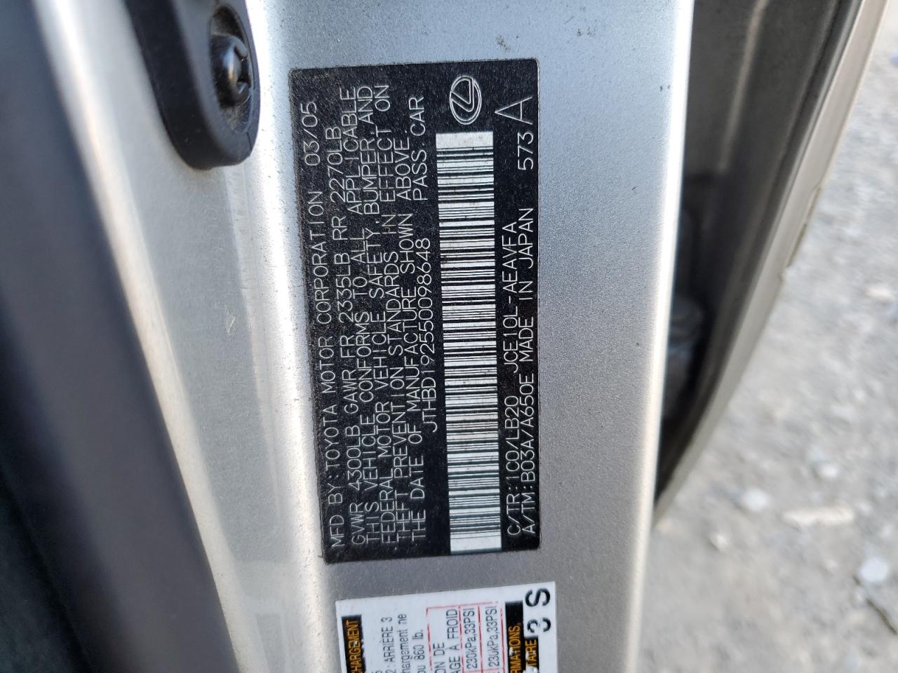 2005 Lexus Is 300 VIN: JTHBD192550098648 Lot: 41993885