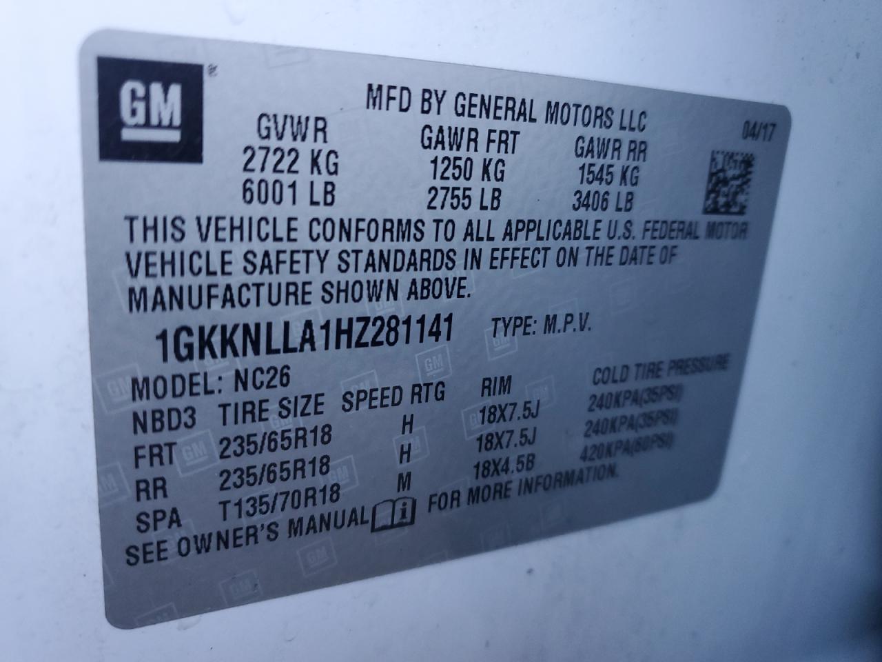 2017 GMC Acadia Sle VIN: 1GKKNLLA1HZ281141 Lot: 87626605