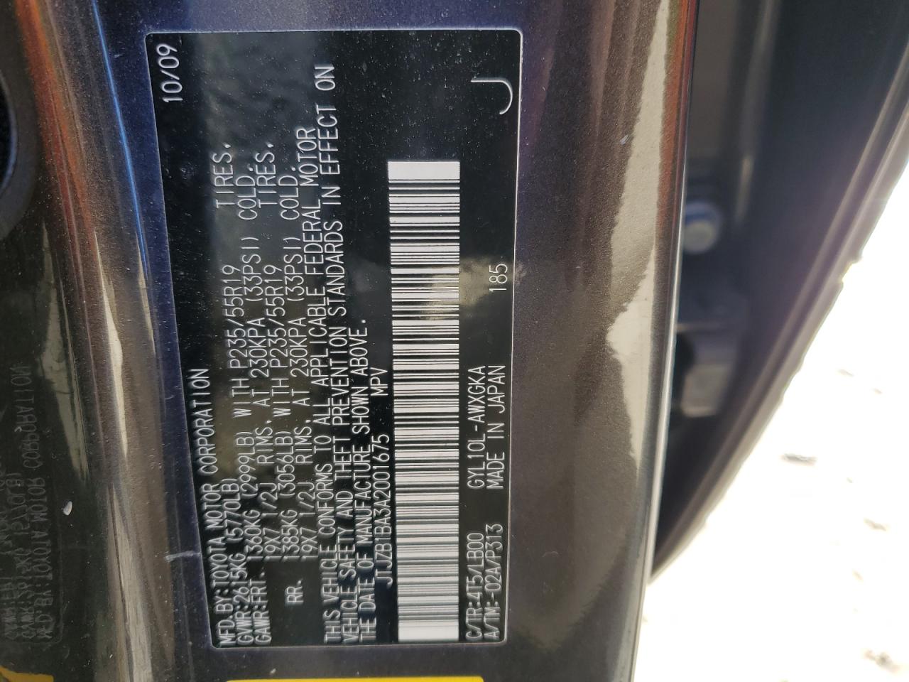 2010 Lexus Rx 450H VIN: JTJZB1BA3A2001675 Lot: 89165655