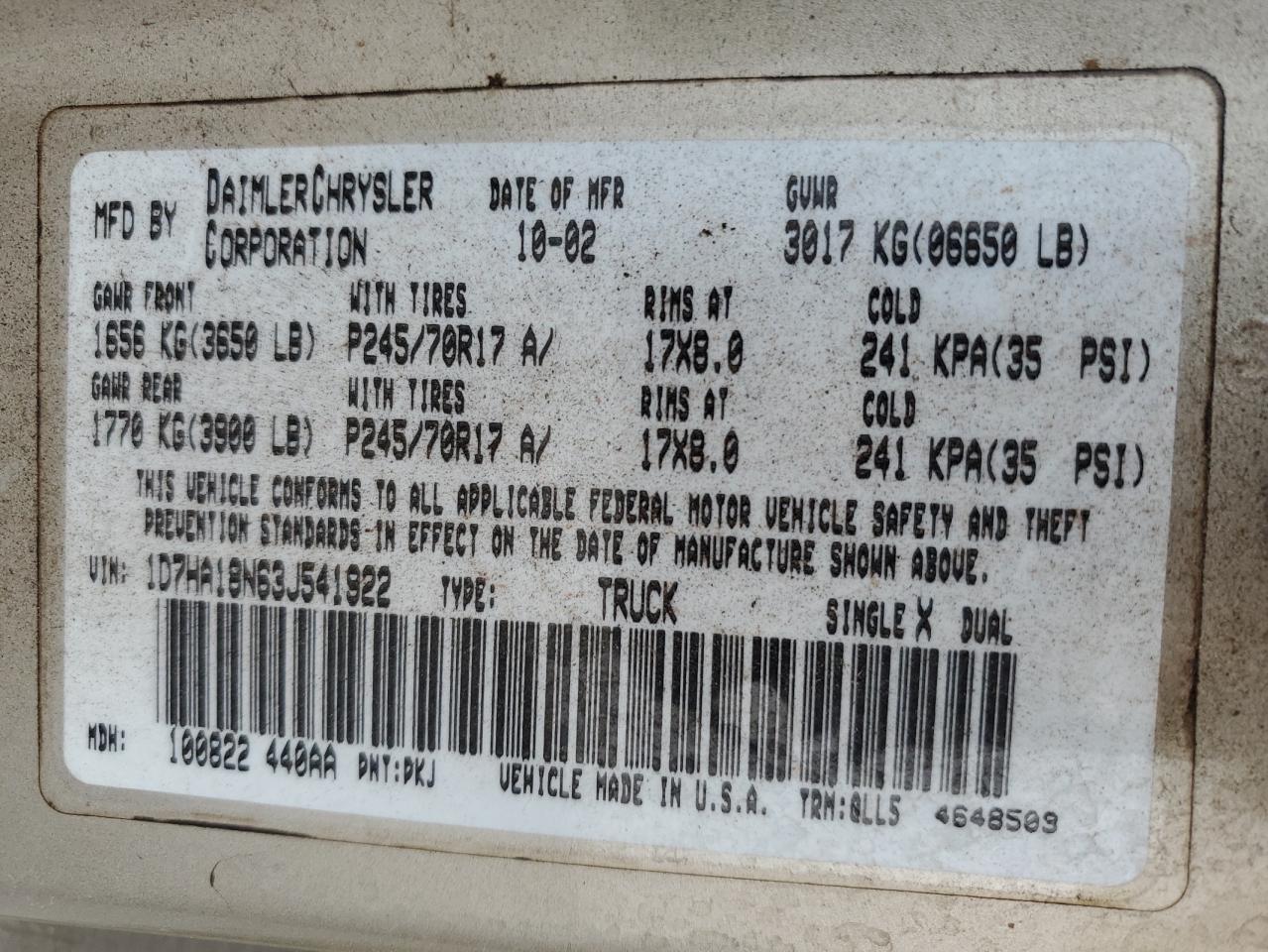 2003 Dodge Ram 1500 St VIN: 1D7HA18N63J541922 Lot: 88503235