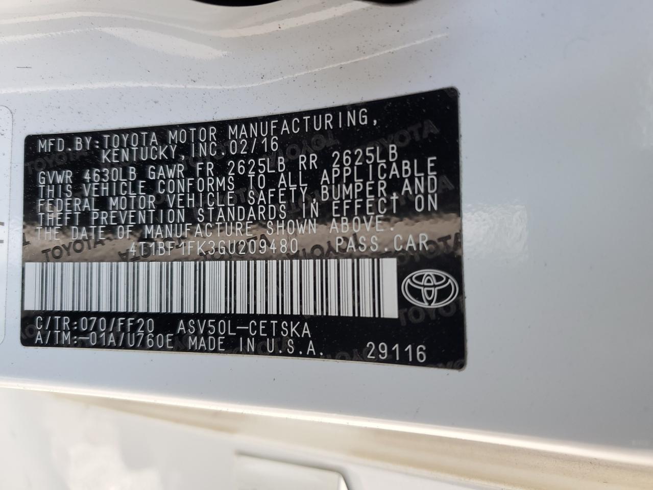 VIN 4T1BF1FK3GU209480 2016 TOYOTA CAMRY no.12