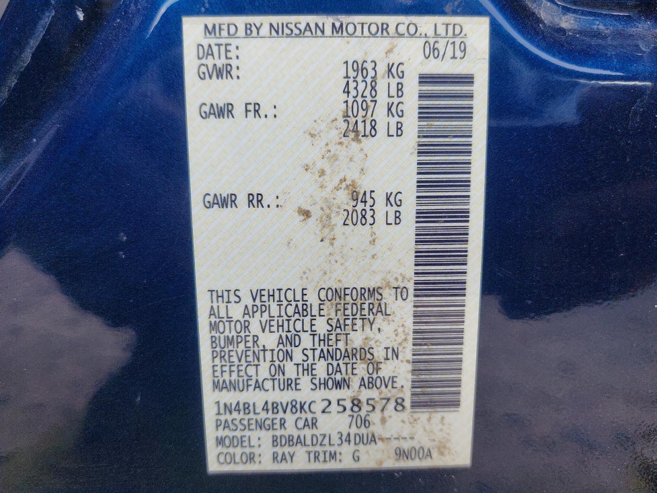 1N4BL4BV8KC258578 - 2019 Nissan Altima - #88567075