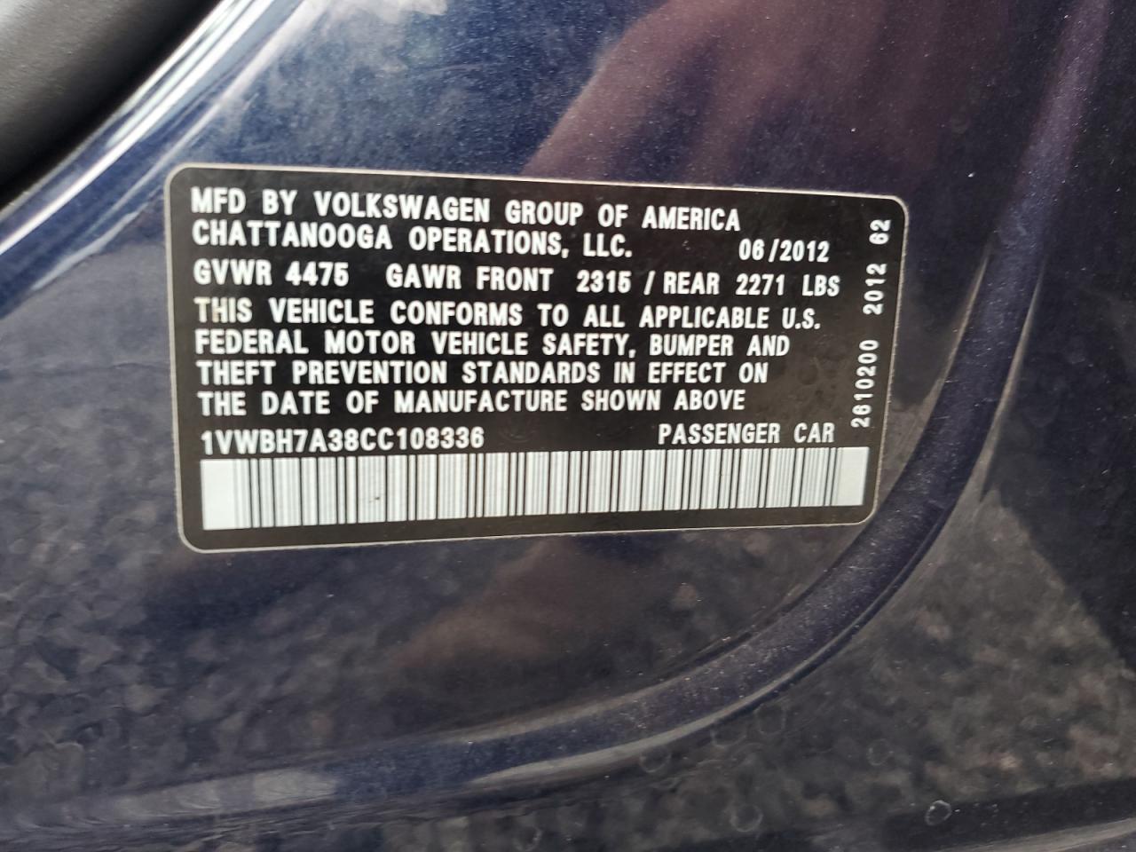 2012 Volkswagen Passat Se VIN: 1VWBH7A38CC108336 Lot: 88443385