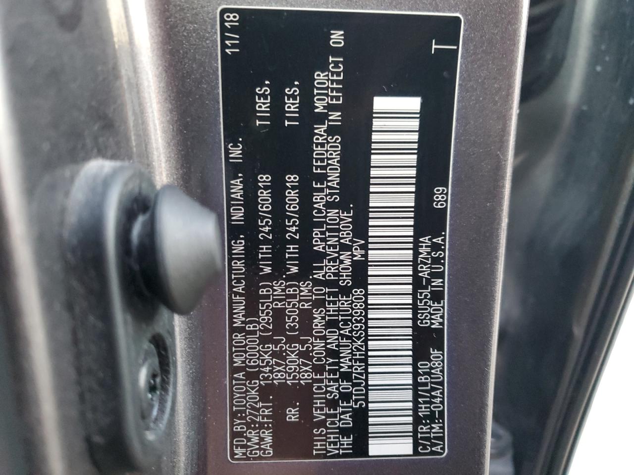 2019 Toyota Highlander Se VIN: 5TDJZRFH2KS939808 Lot: 88526215