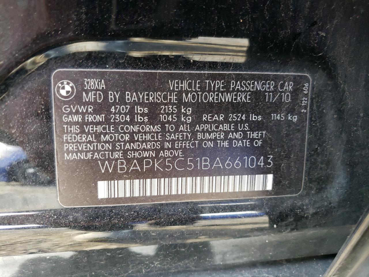 2011 BMW 328 Xi Sulev VIN: WBAPK5C51BA661043 Lot: 87924975