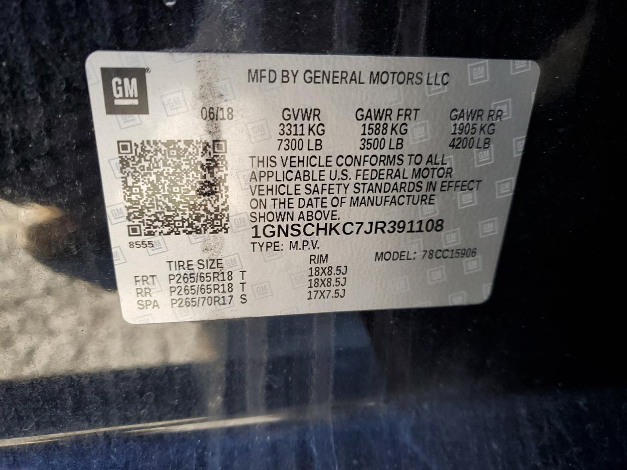 2018 Chevrolet Suburban C1500 Lt VIN: 1GNSCHKC7JR391108 Lot: 88301875