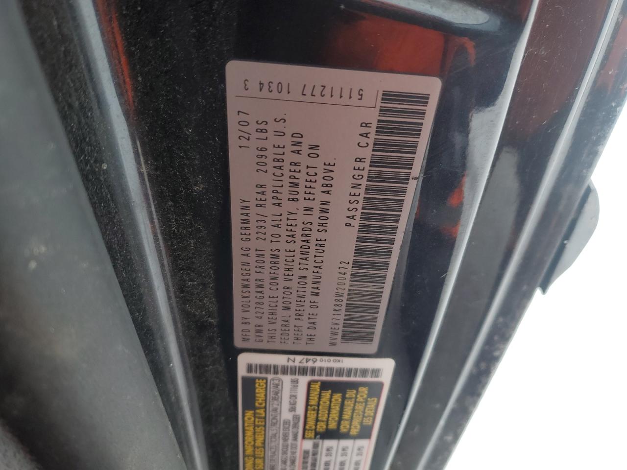 2008 Volkswagen Gti VIN: WVWEV71K88W200472 Lot: 87514335