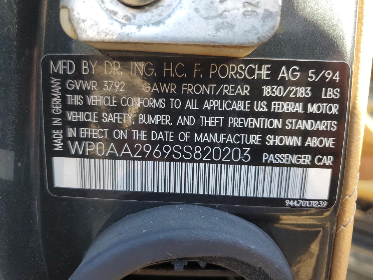 1995 Porsche 968 VIN: WP0AA2969SS820203 Lot: 87740995