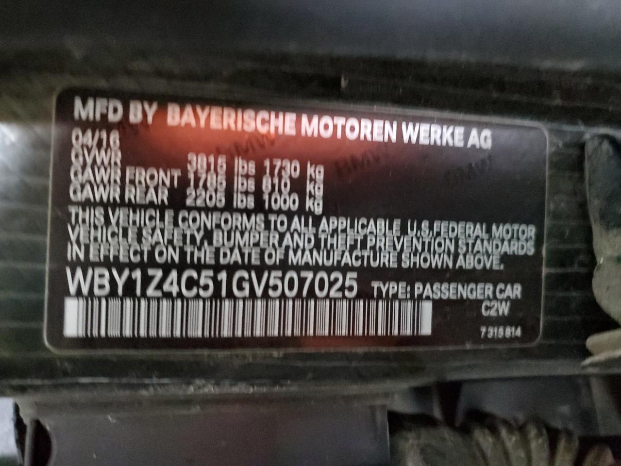 VIN WBY1Z4C51GV507025 2016 BMW I SERIES no.12