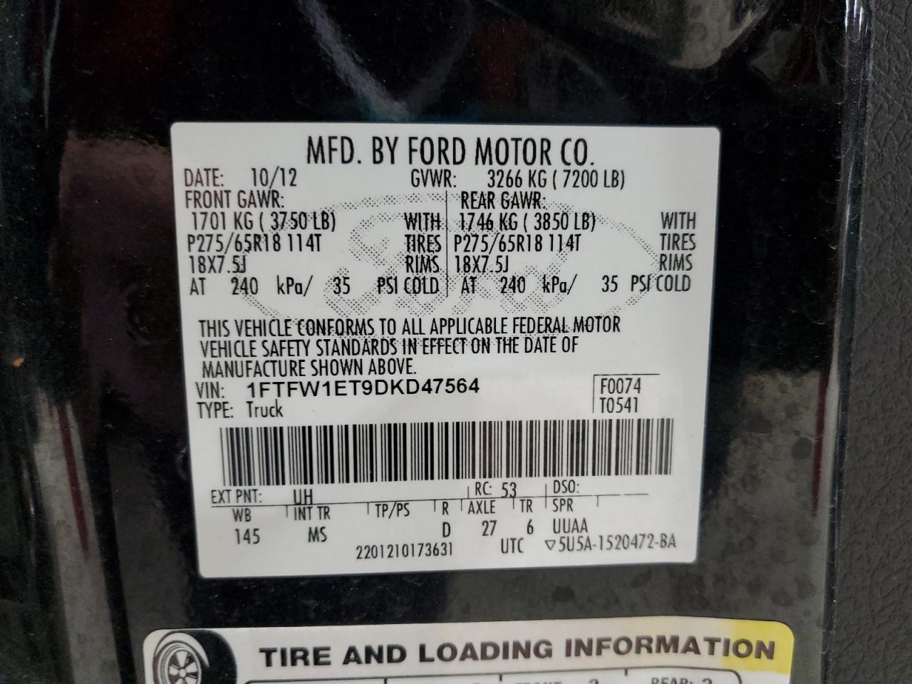 VIN 1FTFW1ET9DKD47564 2013 FORD F-150 no.12