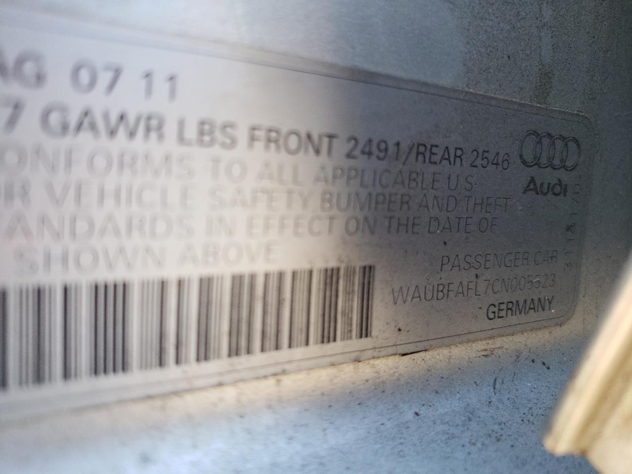 2012 Audi A4 VIN: WAUGFAFL7CN005523 Lot: 88685715