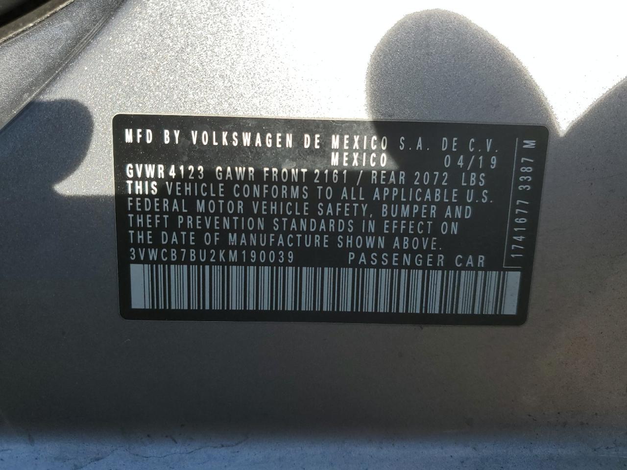 2019 Volkswagen Jetta VIN: 3VWBB7BU2AM190039 Lot: 87126294