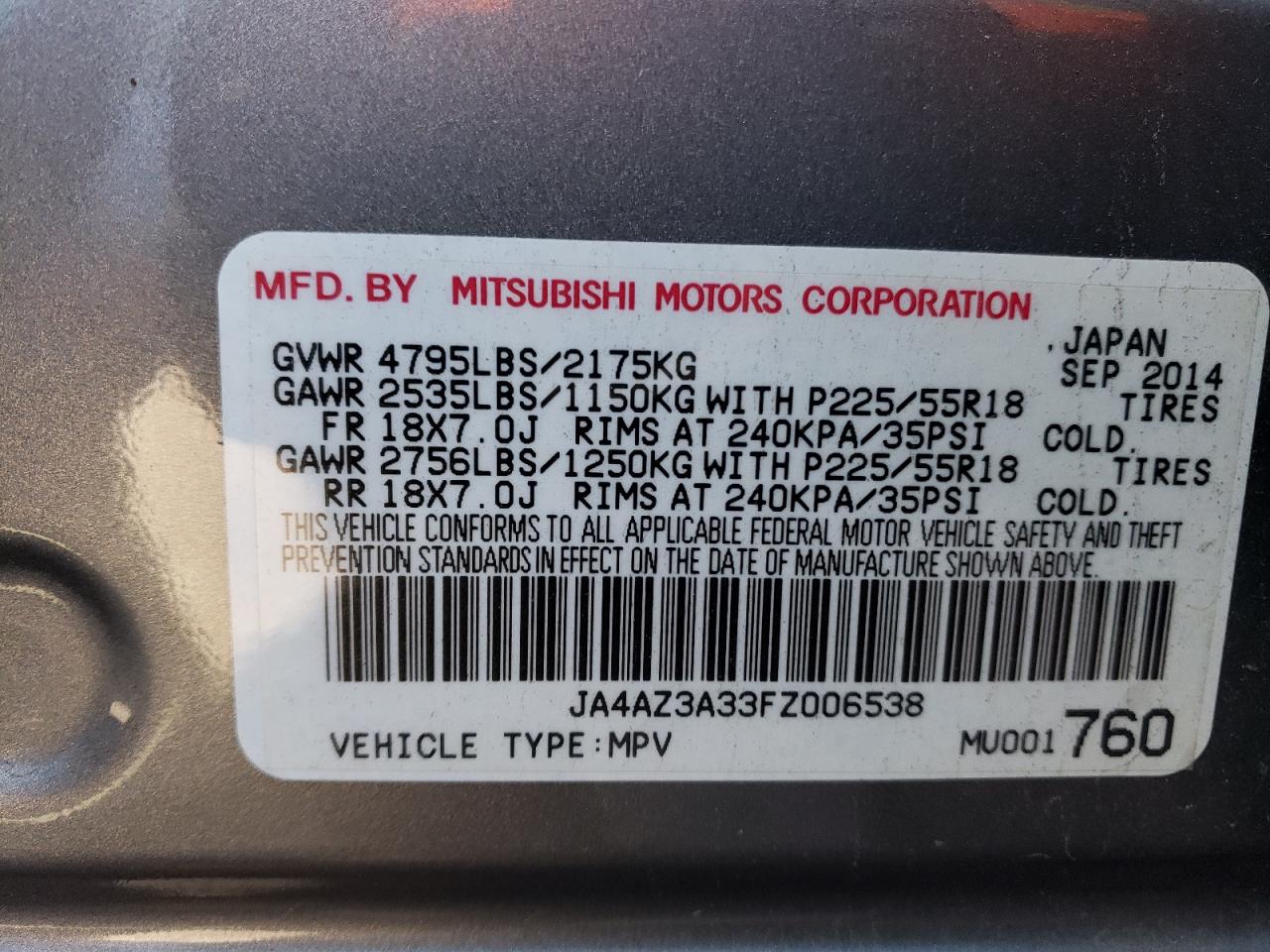JA4AZ3A33FZ006538 2015 MITSUBISHI OUTLANDER - Image 13