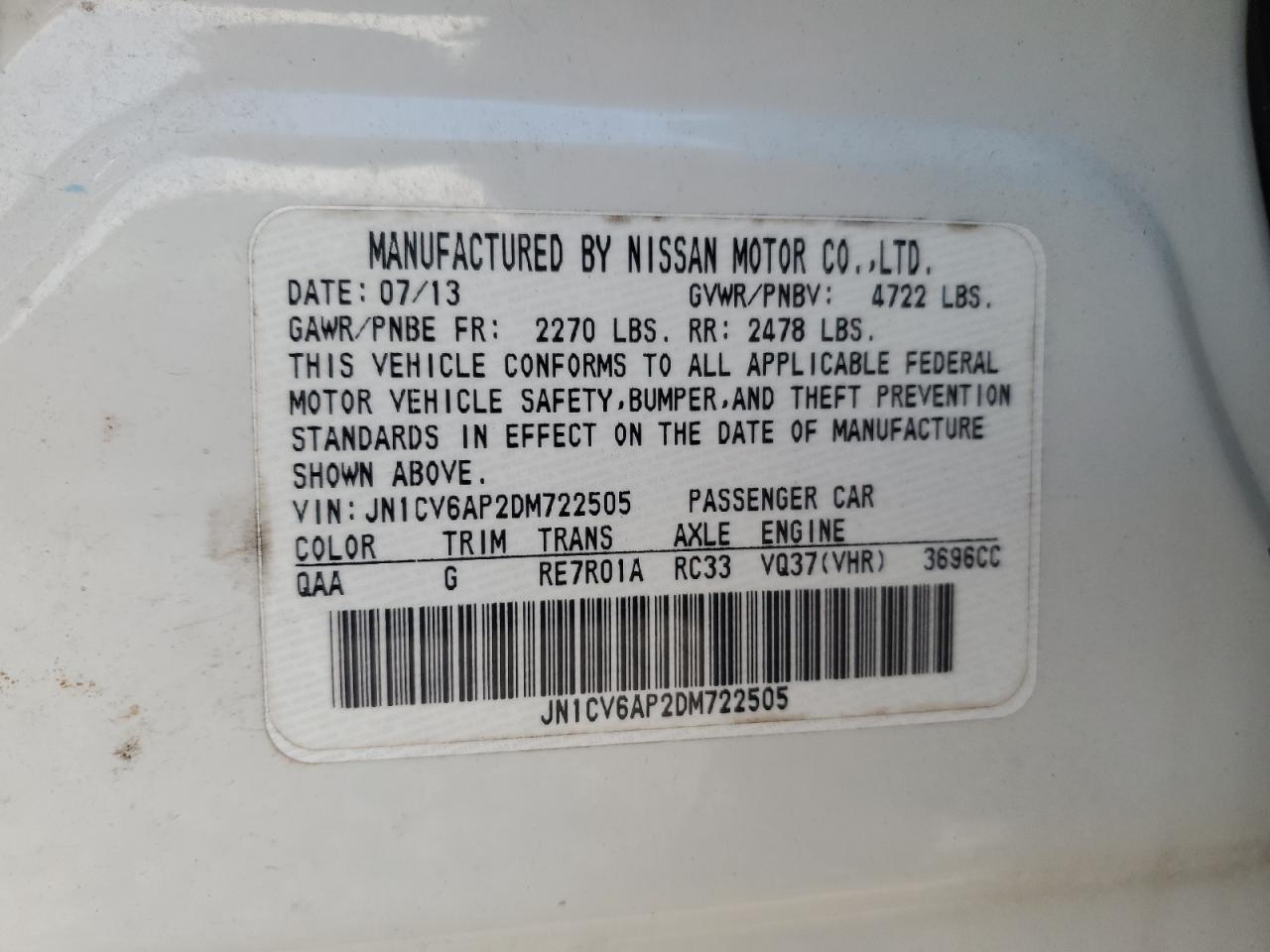 2013 Infiniti G37 Base VIN: JN1CV6AP2DM722505 Lot: 86437764