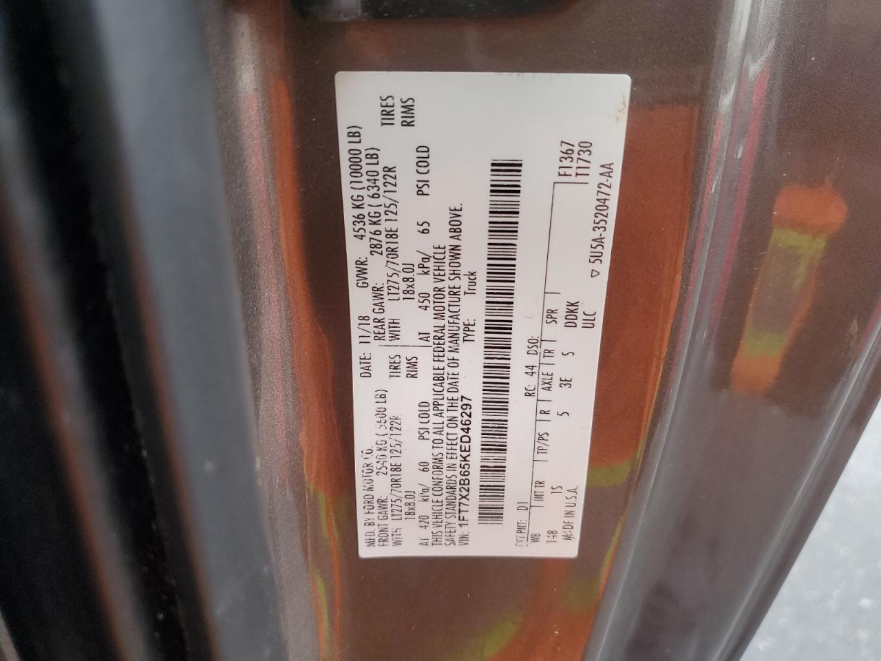 2019 Ford F250 Super Duty VIN: 1FT7X2B65KED46297 Lot: 41731605