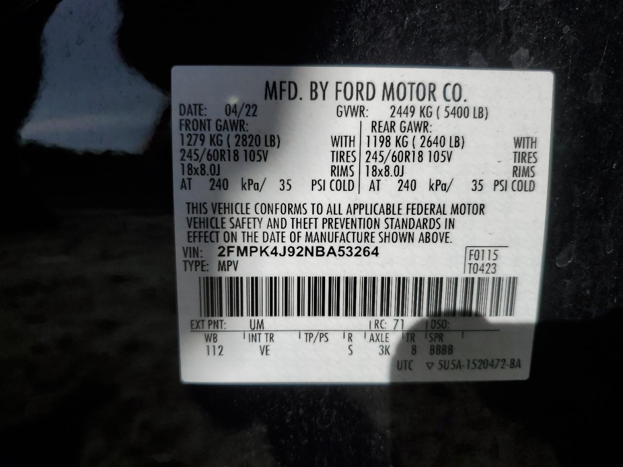 VIN 2FMPK4J92NBA53264 2022 FORD EDGE no.13