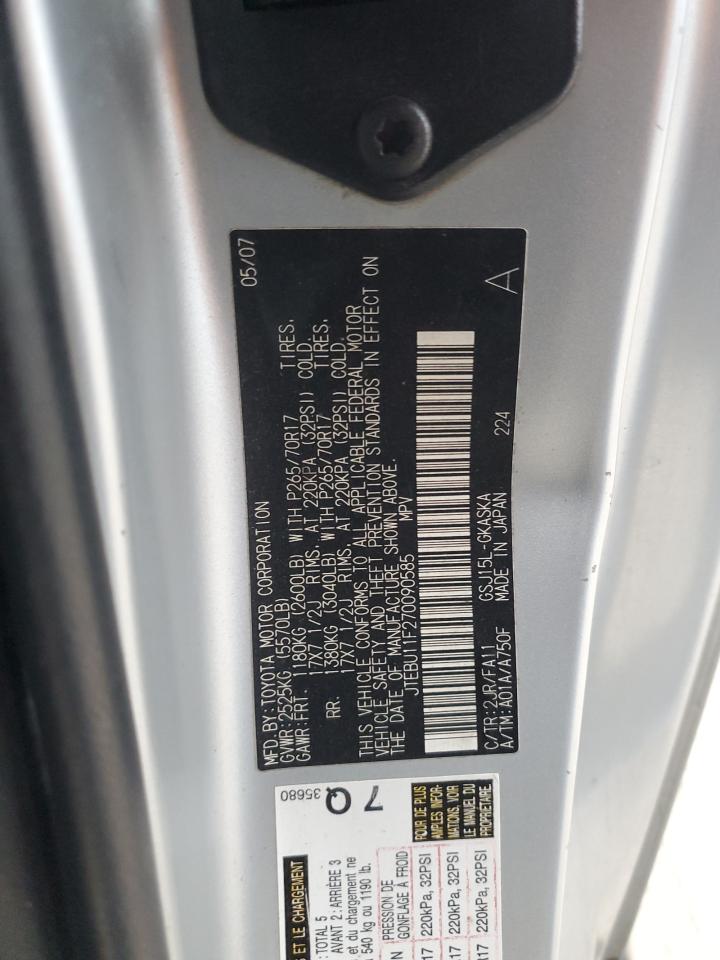 2007 Toyota Fj Cruiser VIN: JTEBU11F270090585 Lot: 87873115