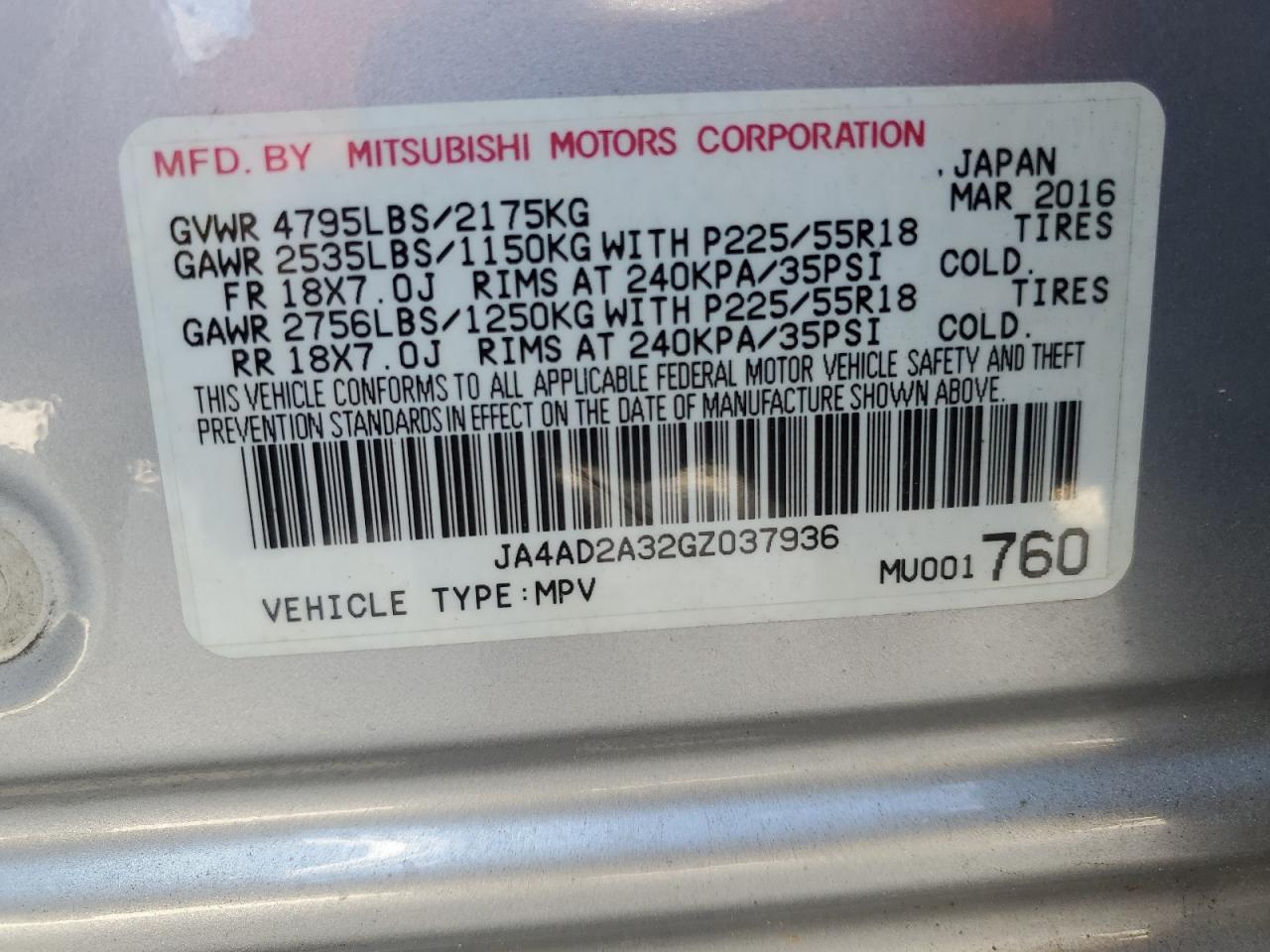 2016 Mitsubishi Outlander Es VIN: JA4AD2A32GZ037936 Lot: 43597305