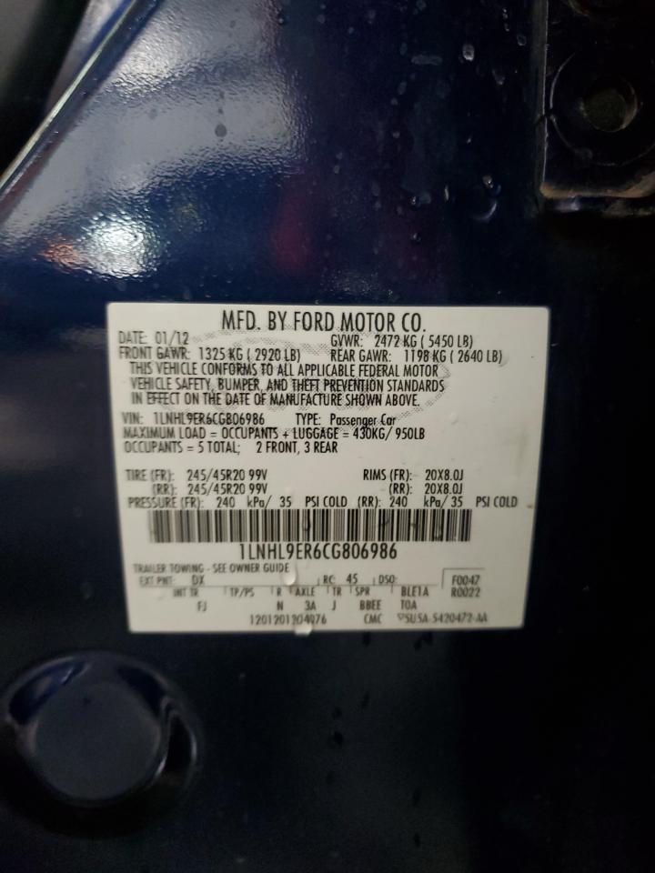 2012 Lincoln Mks VIN: 1LNHL9ER6CG806986 Lot: 43084965