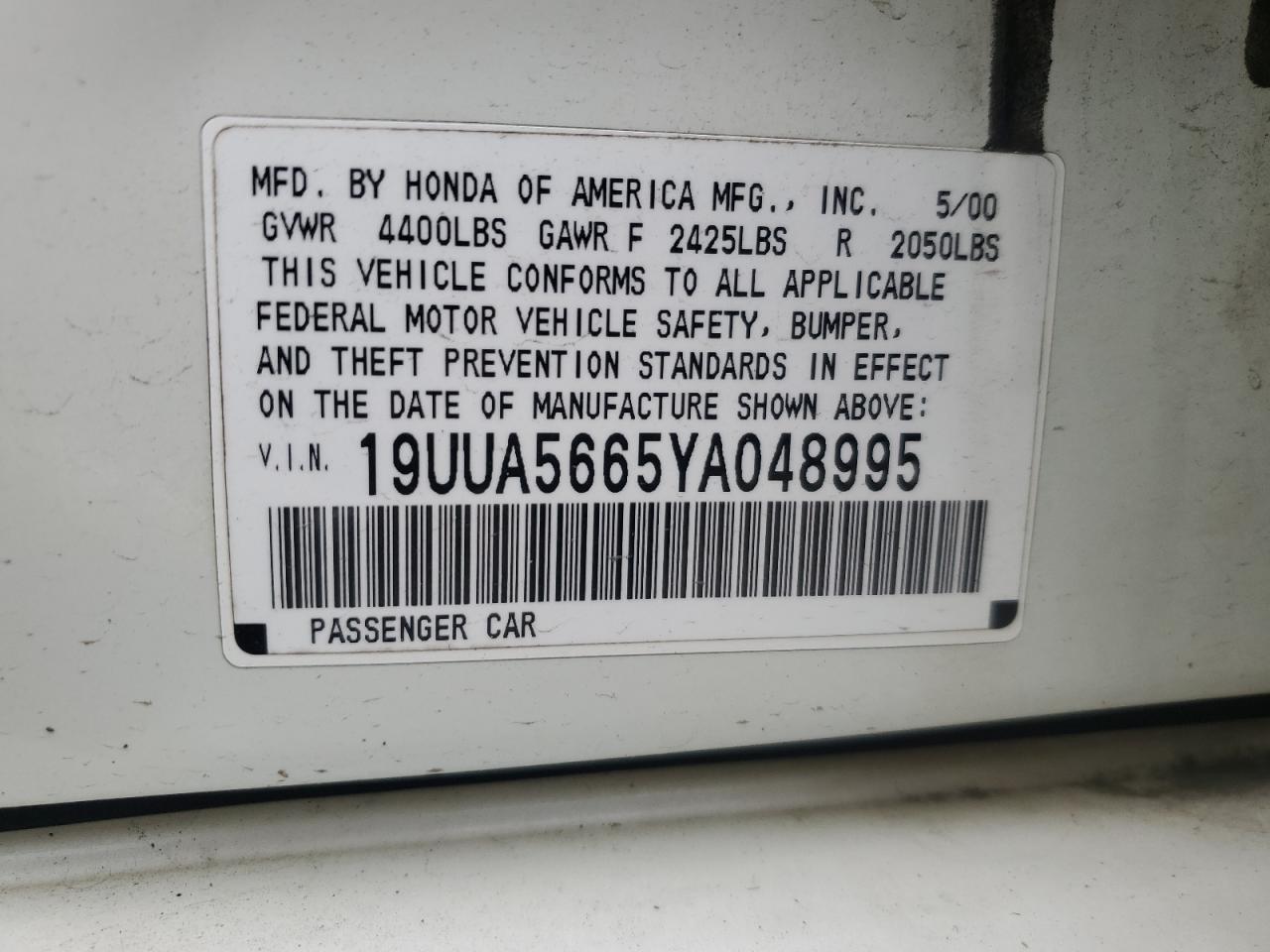 2000 Acura 3.2Tl VIN: 19UUA5665YA048995 Lot: 41467665