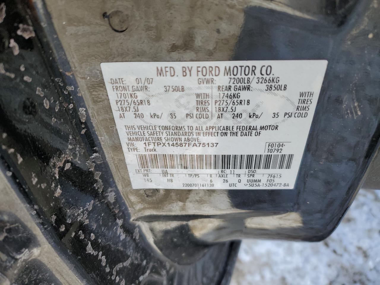 2007 Ford F150 VIN: 1FTPX14587FA75137 Lot: 42098155