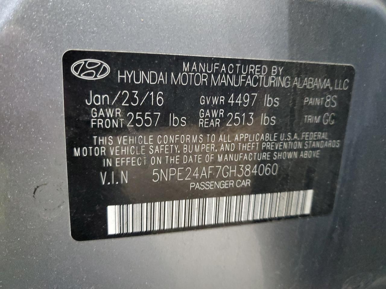 2016 Hyundai Sonata Se VIN: 5NPE24AF7GH384060 Lot: 87170724