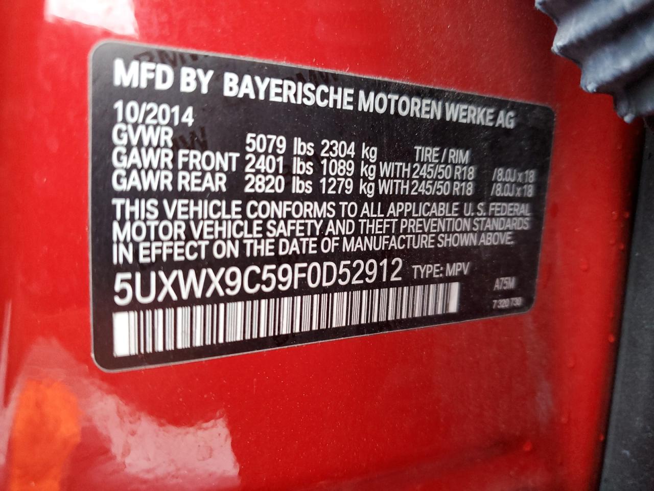 2015 BMW X3 xDrive28I VIN: 5UXWX9C59F0D52912 Lot: 88631585