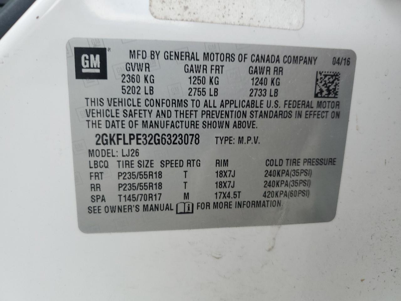 2016 GMC Terrain Slt VIN: 2GKFLPE32G6323078 Lot: 61615765