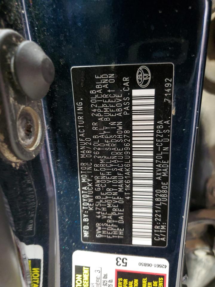 2020 Toyota Camry Xse VIN: 4T1K61AK6LU996278 Lot: 43087995