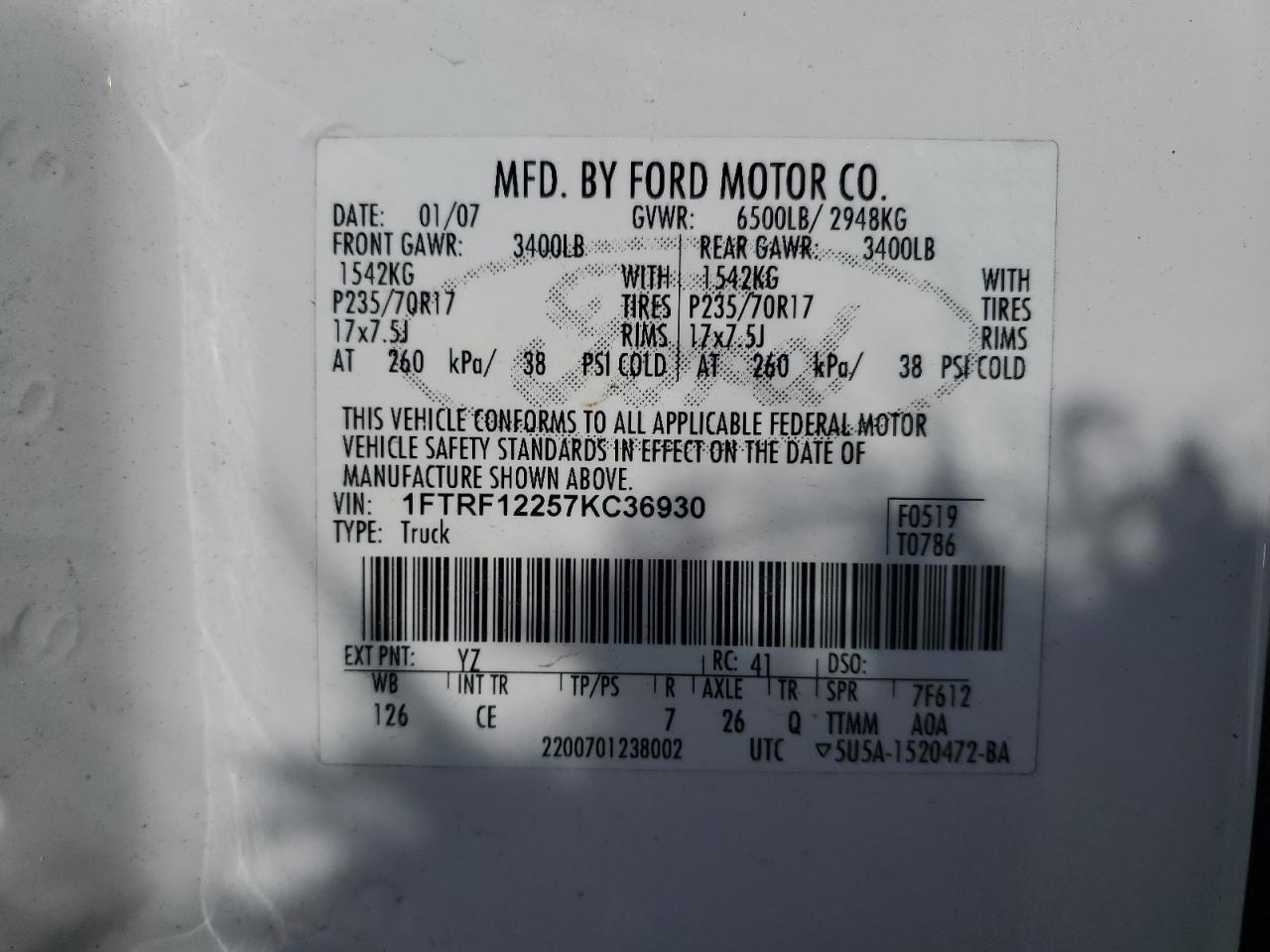 2007 Ford F150 VIN: 1FTRF12257KC36930 Lot: 88561165