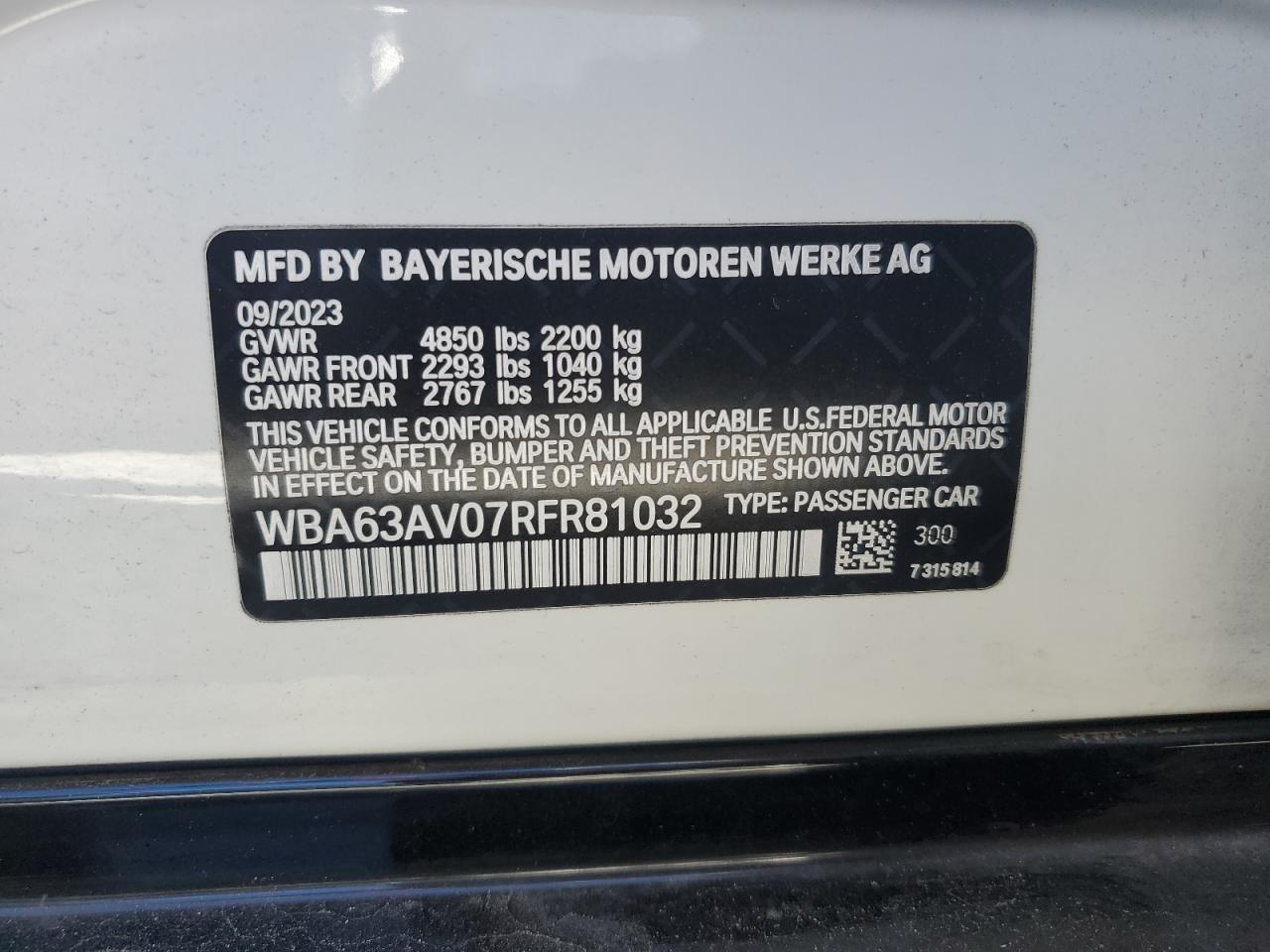 2024 BMW 430I Gran Coupe VIN: WBA63AV07RFR81032 Lot: 87212534