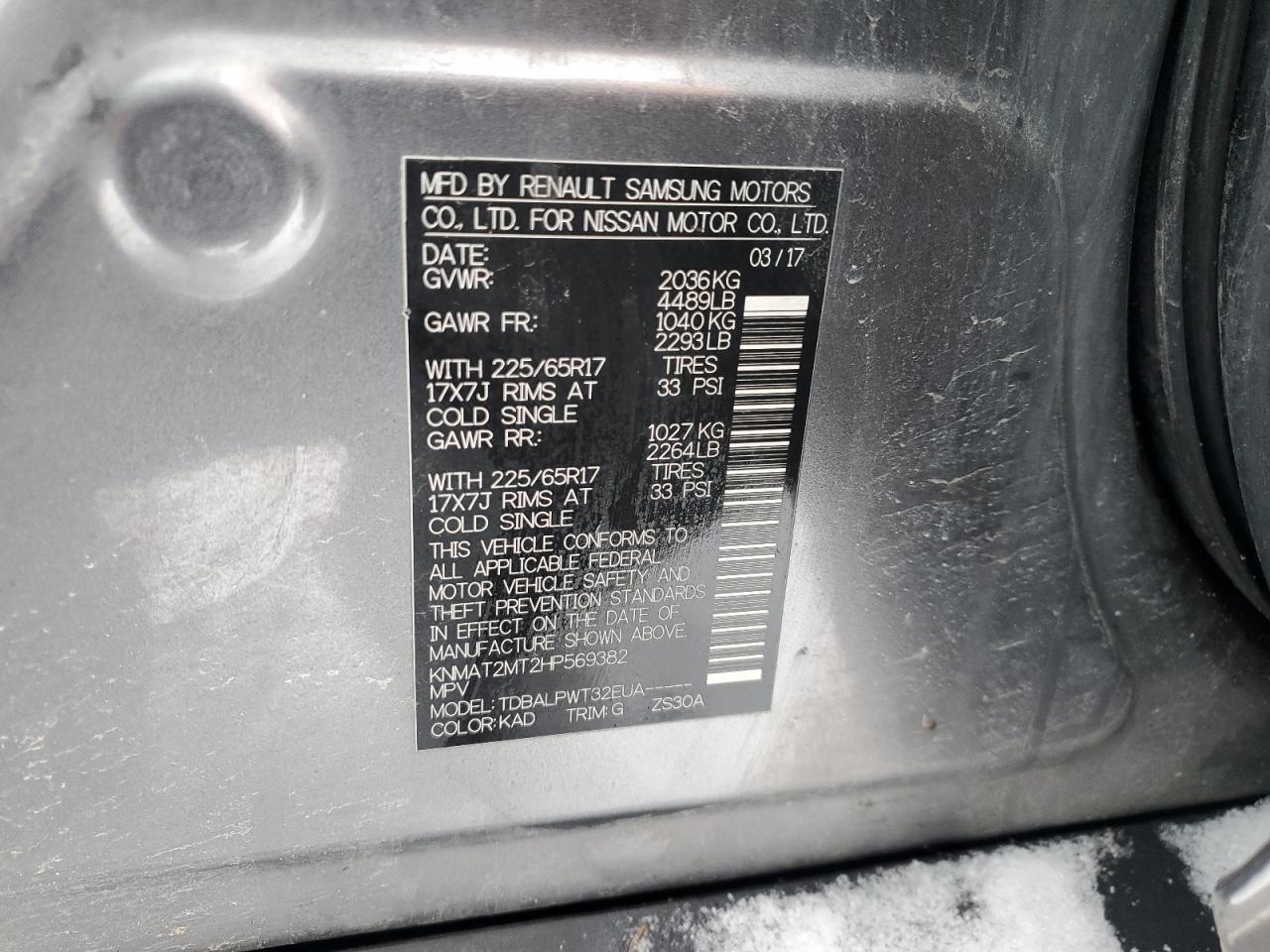 2017 Nissan Rogue S VIN: KNMAT2MT2HP569382 Lot: 41393205